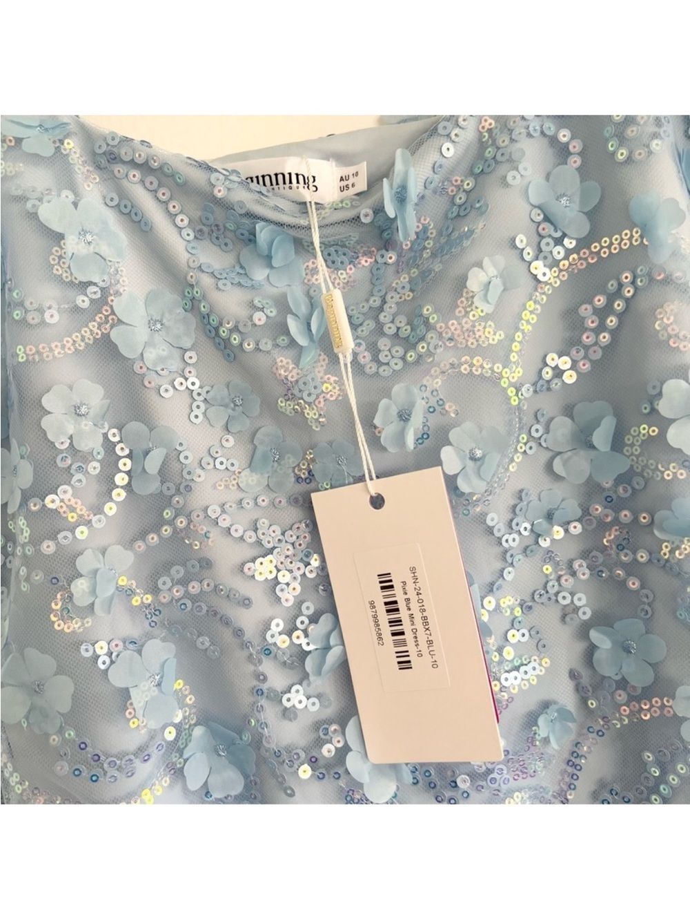 NWT US 6/AU 10 Beginning Boutique Pixie Blue Mini Dress Sequin Flower Iridescent - Picture 2 of 4
